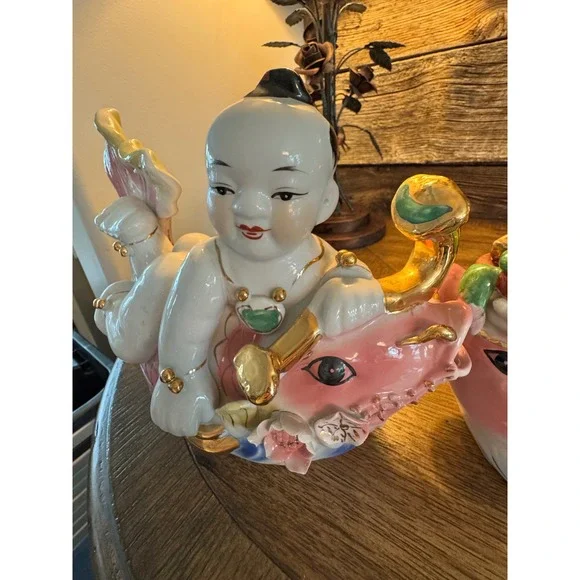 Vintage Chinese Porcelain tongzi Riding Koi Fish Figurines Gold Gilt Pair 2pc